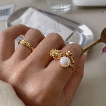 Новое модное кольцо с открытым пальцем серебристо-золотого цвета, Нерегулярный Грубый Жемчуг, Бусина Для женщин, Подарок для девочек, Прямая поставка, Оптовая продажа