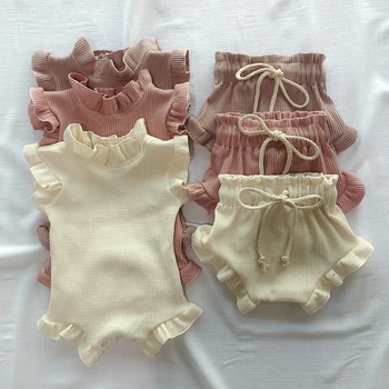 Комплект Одежды для новорожденных девочек из 2 предметов, Вафельный Хлопковый Жилет с рюшами для новорожденных, Ползунки, топы, Шорты-шаровары, Костюм для летних нарядов, Одежда