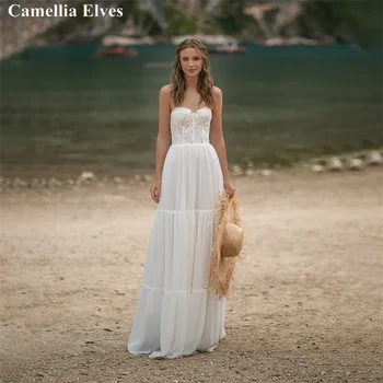 Элегантные свадебные платья трапециевидной формы в стиле бохо 2023 для женщин, свадебное платье с кружевной аппликацией, платье невесты без бретелек с открытой спиной, Vestido De Novia