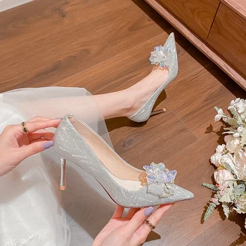 Maogu Wedding/ Свадебные Туфли 2022 г., Новая Женская Обувь В Корейском Стиле С Бантом И Кристаллами, Модная Летняя Обувь на Высоком Каблуке для Женщин