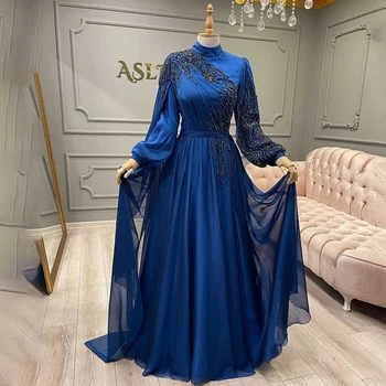 Элегантные синие мусульманские вечерние платья с длинными рукавами, накидка с аппликацией из бисера, шелковые шифоновые платья для выпускного вечера, вечерние платья для мамы