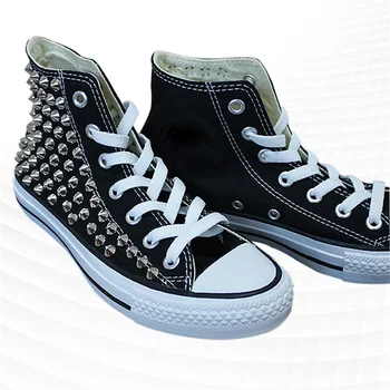 Черные кроссовки с высоким берцем и заклепками, удобная парусиновая обувь для ходьбы, кроссовки унисекс с заклепками ручной работы, 35-46