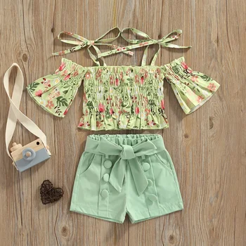 Комплект Одежды для маленьких девочек Ma & Baby от 1 до 6 лет, Укороченные Топы С Цветочным принтом, Шорты С бантом, Детские Летние Костюмы D01