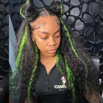 34-дюймовый ярко-зеленый кружевной парик спереди, глубокие вьющиеся парики из человеческих волос, окрашенные в цвет омбре 13x6 HD, парики с глубокой волной спереди для чернокожих женщин