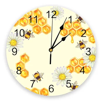 Пчелиный Мед, Цветок хризантемы, Желтые Круглые Настенные часы, Подвесные часы с бесшумным временем, Домашний интерьер, Спальня, Гостиная, Офисный декор