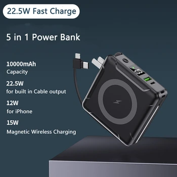 22,5 Вт Быстрый Банк Питания 10000 мАч Магнитный Беспроводной Зарядный Повербанк для Xiaomi iPhone 12 13 Samsung Powerbank с Кабелем Переменного Тока