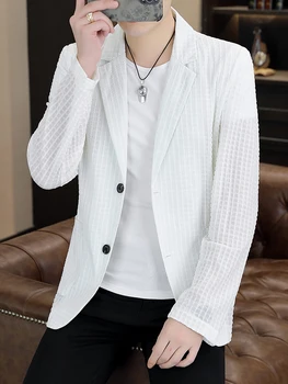 Мужской блейзер, солнцезащитная одежда, модный однотонный пиджак, летние однобортные повседневные топы с длинным рукавом и карманом, костюм Homme