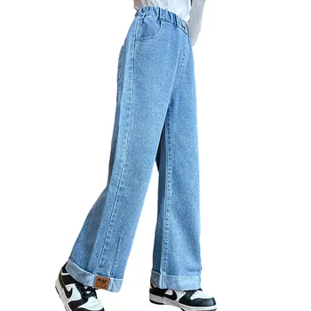 Джинсы для девочек однотонные джинсы для девочек Весна осень Детские джинсы Повседневная одежда для девочек 6 8 10 12 14