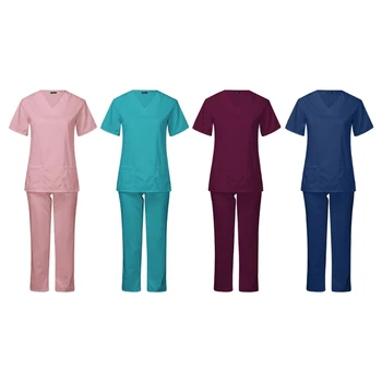 Комплект скрабов для женщин, униформа медсестры, топ с коротким рукавом и брюки с карманом для рабочей одежды медсестры