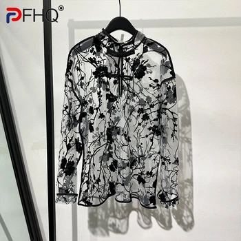 PFHQ 2023 Летние Новые Модные рубашки с перспективным принтом для мужчин, свободная мужская блузка со стоячим воротником и длинным рукавом 21F3594