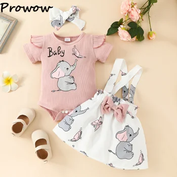 Prowow 0-18 м, детская одежда в виде слона, Комплекты летней одежды для девочек, Розовое боди, юбки на подтяжках, Летние комплекты для новорожденных, Комплект