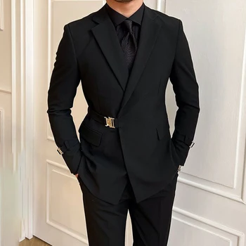 Черный пиджак в британском стиле Мужской Элегантный Джентльменский деловой Повседневный профессиональный вечерний костюм с поясом для тела Двубортный