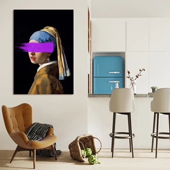 Девушка с жемчужной сережкой Фиолетовая кисть Настенное искусство Холст Картина Принт Забавное винтажное измененное искусство Домашний декор Картина для гостиной