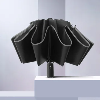 2023 Новый автоматический зонт заднего хода из алюминиевого сплава, 10 костей, очень большой 3-х складной со светоотражающей полосой, зонт от дождя для женщин