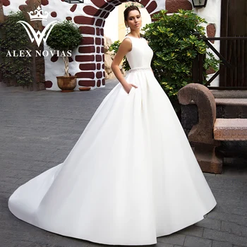 Бальное платье ALEX NOVIAS, атласное свадебное платье 2023, шлейф с широким поясом и карманами, Стильное свадебное платье Vestidos Novias De Saten