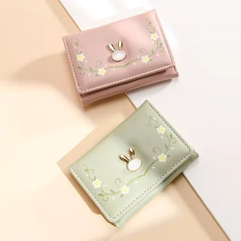 Корейский женский короткий кошелек с милым кроликом, новый кошелек для девочек, женский кошелек из искусственной кожи, женский кошелек для карт, сумка-футляр, трехслойный кошелек