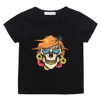 Летняя пляжная футболка Paradise Skeleton для мальчиков и девочек, повседневная футболка из 100% хлопка с коротким рукавом, футболки с героями мультфильмов с круглым вырезом
