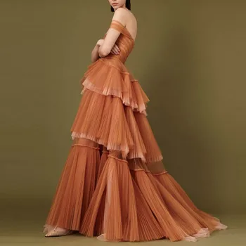 Модное вечернее платье из тюля со складками, женское многослойное платье Макси с открытыми плечами, платья для выпускного вечера, свадебное платье для гостей, Vestido de novia
