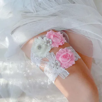 Розовые Кружевные Эластичные подвязки ручной работы с цветами, набор свадебных подвязок для невесты, свадебные подвязки с кольцом для ног, петля для подвязки