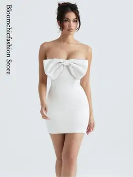 Сексуальное атласное Белое облегающее платье без бретелек, Элегантные мини-платья с бриллиантами и бантом с открытыми плечами, 2023 Летние женские вечерние платья
