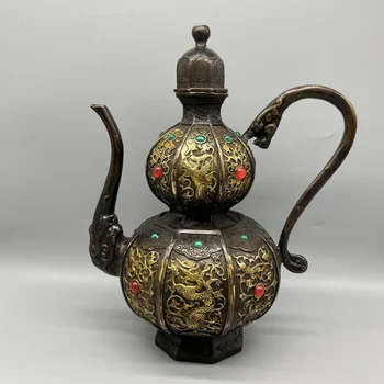 Коллекционируйте китайский антикварный латунный агат с позолоченной инкрустацией, скульптурные украшения ручной работы 