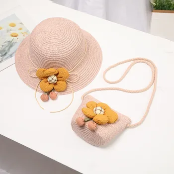 Детская шляпа с мультяшным цветком для девочек, соломенная пляжная шляпа от солнца, соломенная сумка, Детские летние аксессуары, Флуоресцентная шапочка для чулок