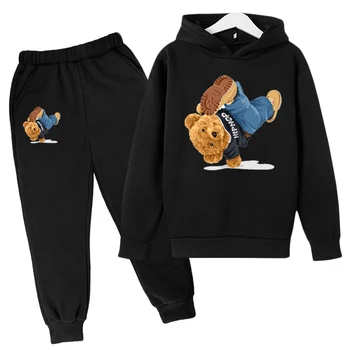 Детский комплект с капюшоном, хлопковый топ, штаны, комплекты из 2 предметов, весенне-осенняя детская одежда, топы для мальчиков и девочек с принтом медведя из мультфильма для уличных танцев