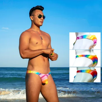 WD228 сексуальные яркие радужные мужские купальники бикини обтягивающие купальники с низкой талией горячие мужские плавки для геев разного размера для пениса