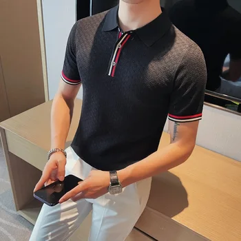 Высококачественная полосатая контрастная трикотажная футболка, мужская летняя полая дышащая повседневная корейская рубашка поло с коротким рукавом