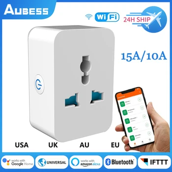 Универсальная розетка Aubess 15A/10A WiFi, Многофункциональная преобразовательная розетка, совместимая с Bluetooth Смарт-вилка с голосовым управлением временем.