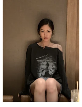 Готическая футболка Женская с длинным рукавом Y2k Винтажная футболка с открытыми плечами Гранжевые топы уличная одежда забавные футболки в корейском стиле
