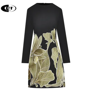 ВЫКЛ. дизайнерские винтажные черные платья миди с цветочной вышивкой для женщин, облегающий элегантный халат с круглым вырезом и длинным рукавом для вечеринки в офисе