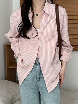 Повседневная женская рубашка в полоску, весенние рубашки с длинным рукавом и отложным воротником, Корейская мода, однобортная простая блузка в стиле колледжа