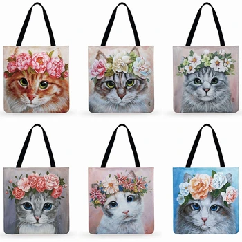 Многоразовая хозяйственная сумка с цветочным принтом Cat, женская сумка через плечо, холщовая тканевая сумка, уличная пляжная сумка, повседневная сумка-тоут