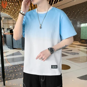 Мужская футболка с градиентом, летние Корейские модные облегающие топы, мужская одежда, уличная одежда, повседневные футболки с коротким рукавом