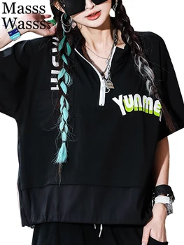 Летняя одежда Masss Wasss 2023 Корейская женская мода, свободные футболки для фитнеса на молнии с принтом, Женские повседневные Винтажные топы в стиле панк