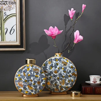 Цветочная текстура керамическая ваза классической золотой вазы, цветочный горшок, цветочный украшение стола хранение банку с крышкой Винтаж домашний декор