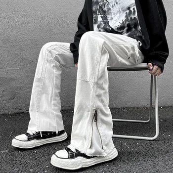 Мужская уличная одежда, прямые джинсы на молнии, мужские белые Черные Свободные джинсовые брюки, винтажные джинсы в стиле хип-хоп высокого качества
