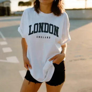 Лондон, Англия, Летние Женские топы с буквенным принтом, свободные хлопковые повседневные футболки с коротким рукавом, Уличные модные футболки в стиле ретро 80-90-х годов