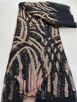 Африканская роскошная кружевная ткань с блестками, Французская вышивка бисером ручной работы, Тюлевая кружевная ткань для пошива свадебных вечерних платьев.