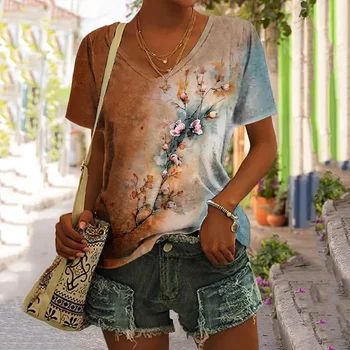 Летняя женская футболка коричневого цвета с цветочным принтом, короткий рукав, базовый V-образный вырез для праздничных выходных, обычный цветочный рисунок.