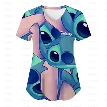 Больничная футболка с карманом, рубашки Disney Stitch, летний топ с V-образным вырезом, женская униформа медсестры, футболки, женская одежда, топы, футболки, женские