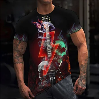 Рок-футболка Мужская с изображением гитары с черепом, футболка с графическим рисунком, летняя одежда оверсайз с коротким рукавом, повседневный пуловер, уличные мужские музыкальные футболки, топы