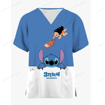 Униформа Disney Star Baby Stitch, женская рабочая рубашка медсестры с мультяшным мозаичным принтом, халат с карманом, рождественский скраб медсестры для здоровья