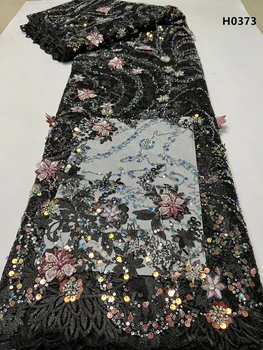2023 Африканский Нигерийский Высококачественный Тюль Кружевная ткань Вышивка блестками Французский Гипюр Свадебное платье расшитое бисером 5 ярдов