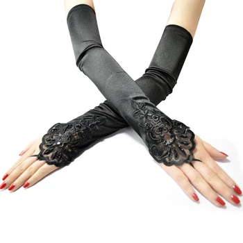 Винтажные перчатки для выпускного вечера, расшитый бисером цветок Длиной 48 см, Атласный крючок для пальцев, модные перчатки без пальцев