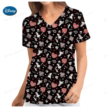 Летний новый женский топ с матовым V-образным вырезом 2023, классическая рубашка Disney с цветочным рисунком и карманом, женская униформа медсестры больницы, футболка