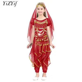 Для девочек, 4 шт., костюм для танца живота, Индийский Болливудский сценический костюм, наряды на Хэллоуин, маскарадное платье для народных танцев