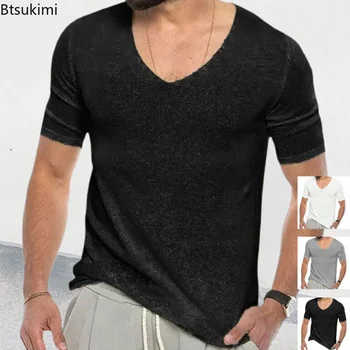 Новинка 2023, мужские летние повседневные рубашки с коротким рукавом, однотонные модные трикотажные топы-пуловеры с V-образным вырезом, мужская летняя одежда, футболка