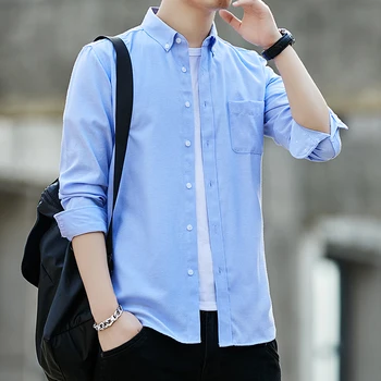 Корейская модная Мужская Оксфордская рубашка с длинным Рукавом для Молодежного отдыха, приталенная Блузка на пуговицах Азиатского Размера